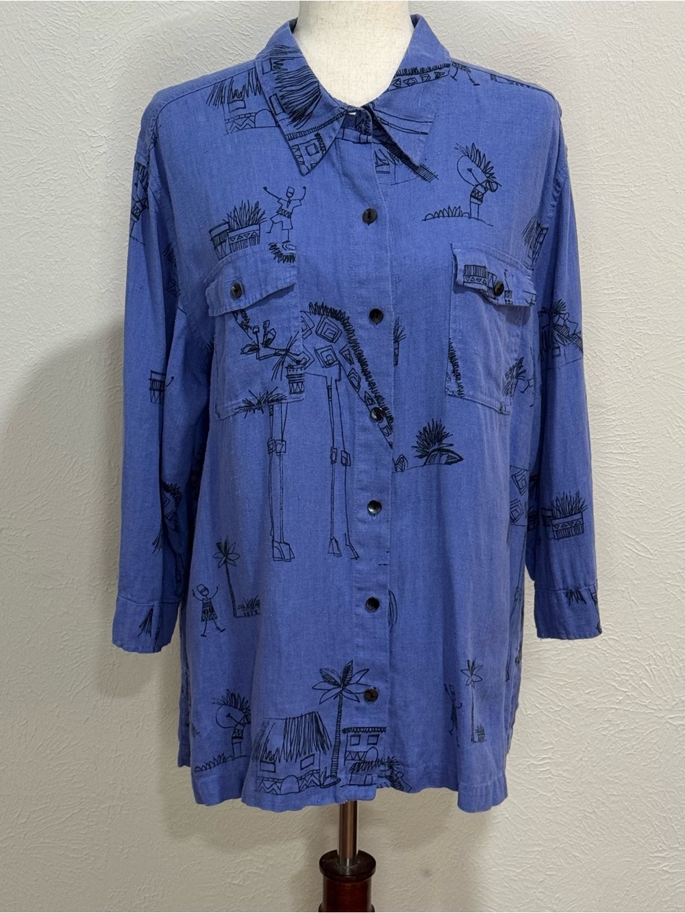 Chico’s Relaxed Fit Blue Printed Linen Button-Up Shirt size 16 (Chico’s 3)
